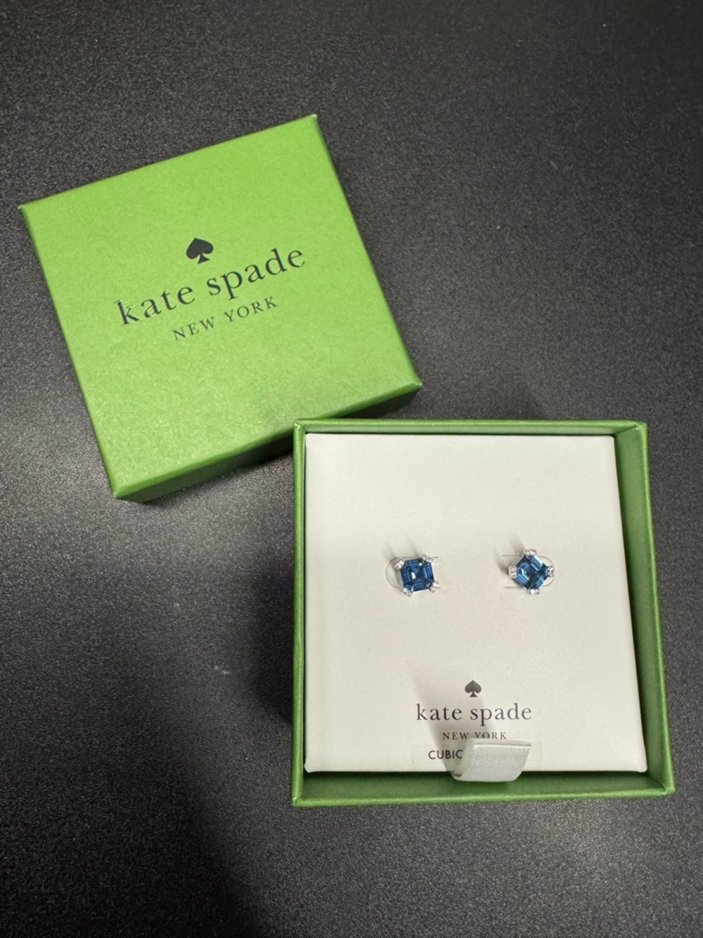 Kate Spade Blue Cubic Zirconia Stud Earrings Silver Tone NWT Gift Box